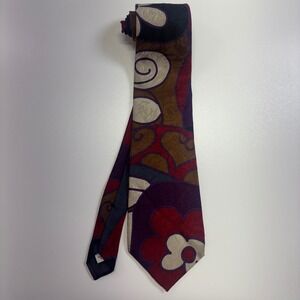 Vintage Lo Studio USA 100% Silk Abstract Floral Wide Necktie Purple Burgundy 57"